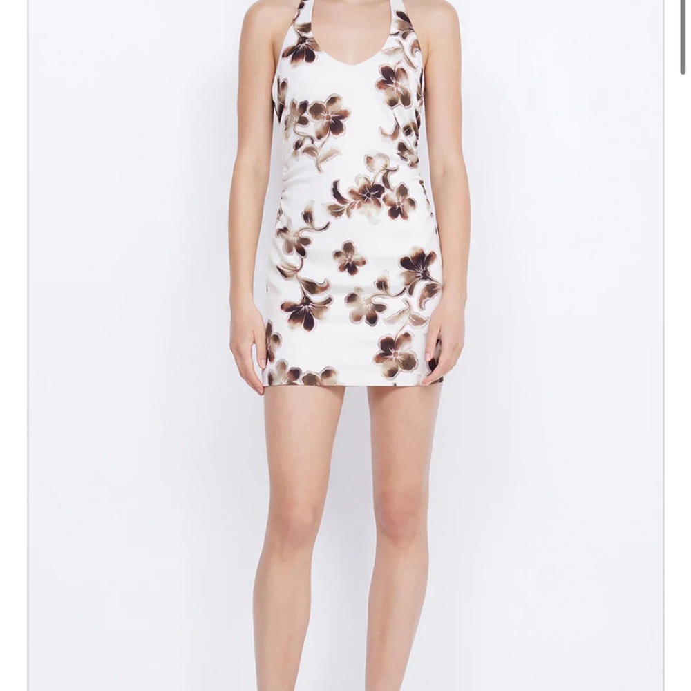 Bec & Bridge White Mini Dress with Brown Floral Print